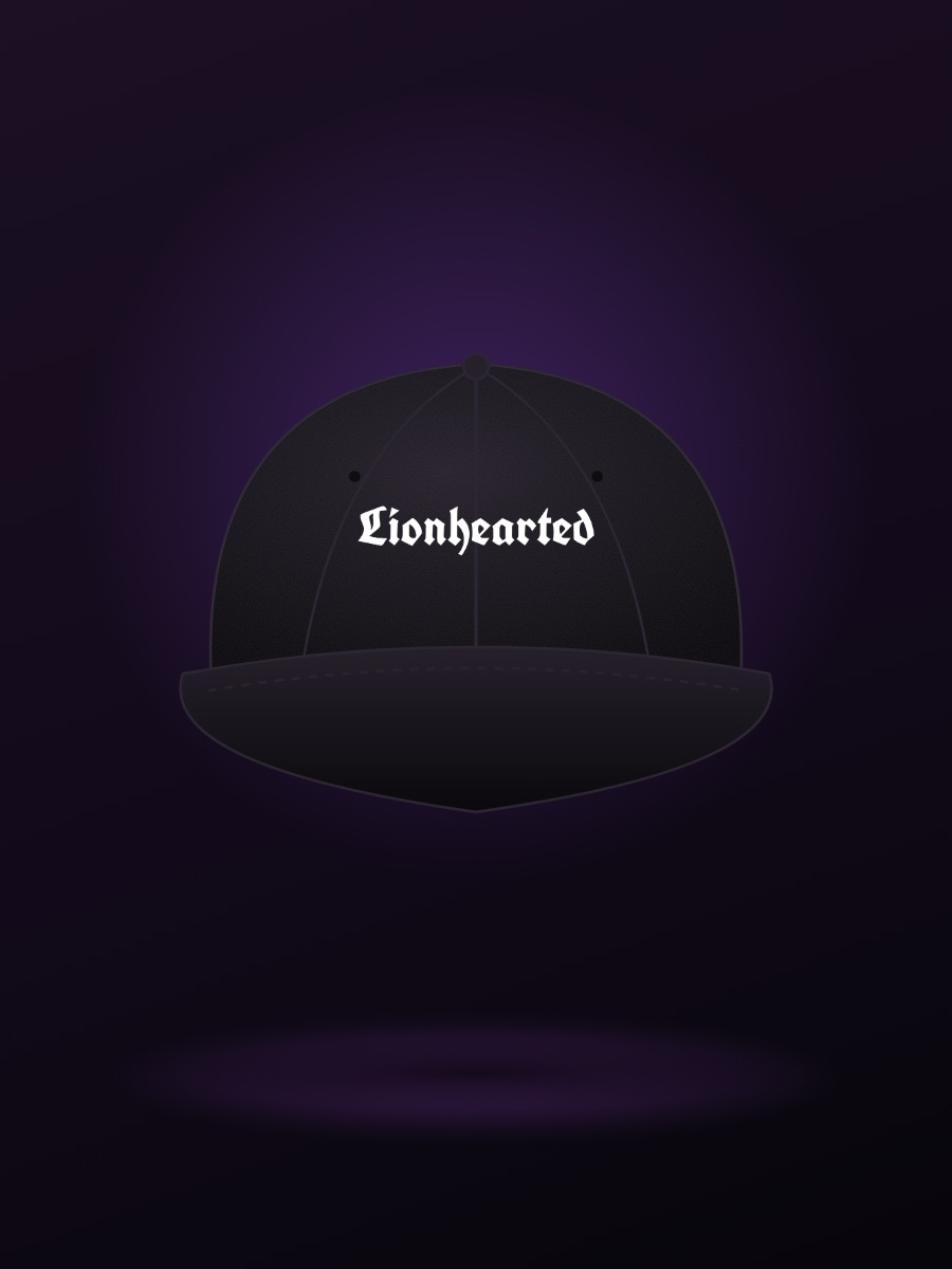 Black cap with Lionhearted embroidered in white gothic lettering — coming soon